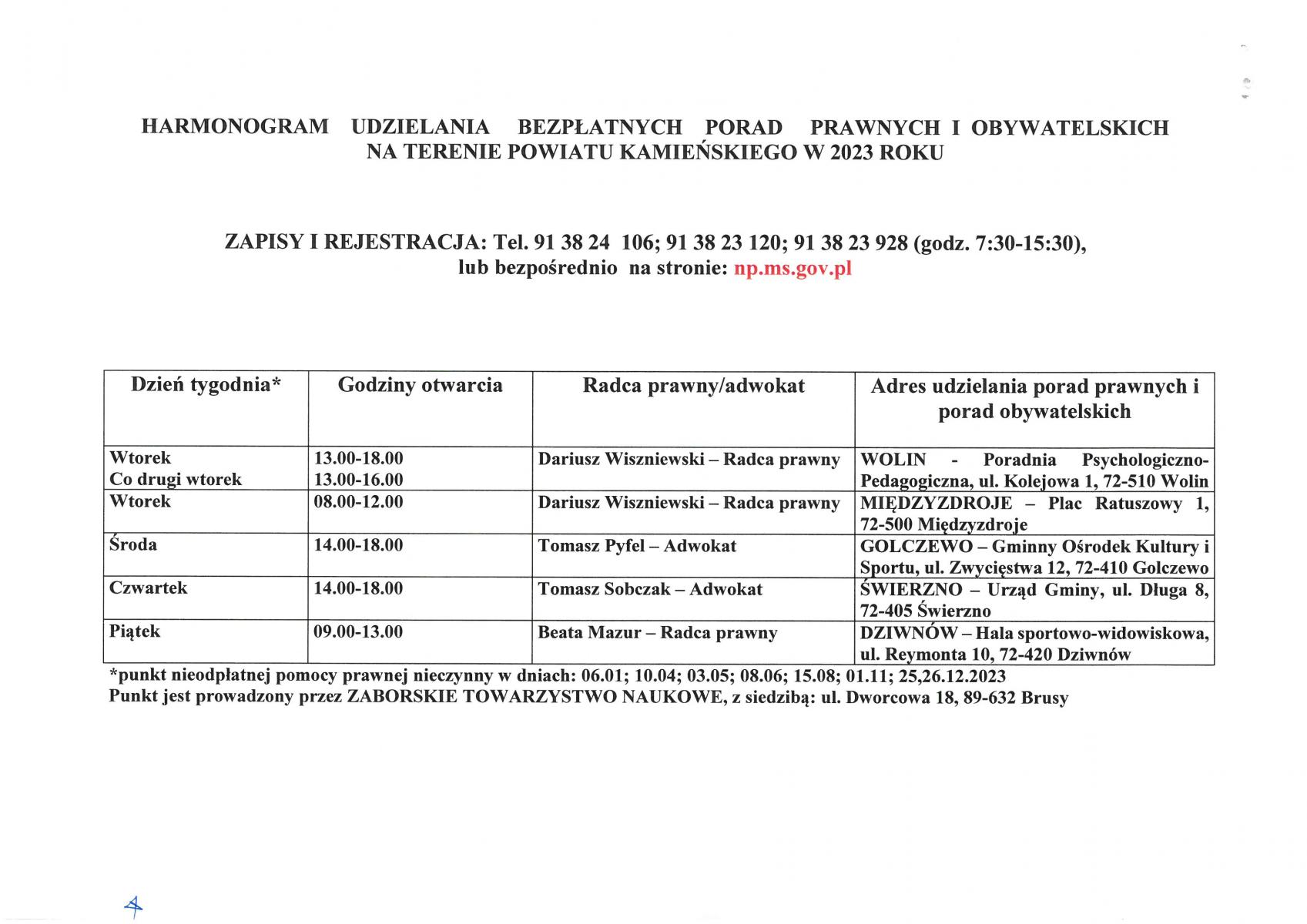 Harmonogram udzielania bezpłatnych porad prawnych i obywatelskich na terenie powiatu kamieńskiego w 2023 roku.