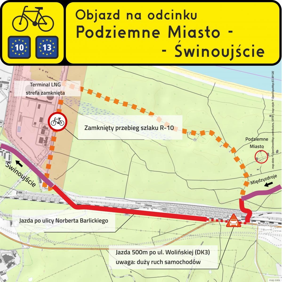 Zmiana przebiegu trasy rowerowej R-10 w kierunku Świnoujścia